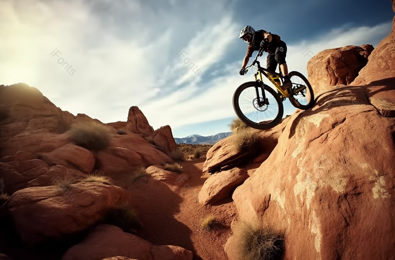 户外运动骑自行车的人从岩石上骑下来摄影写实,高清,摄影图,摄影图片,图片大全,摄影图免费下载